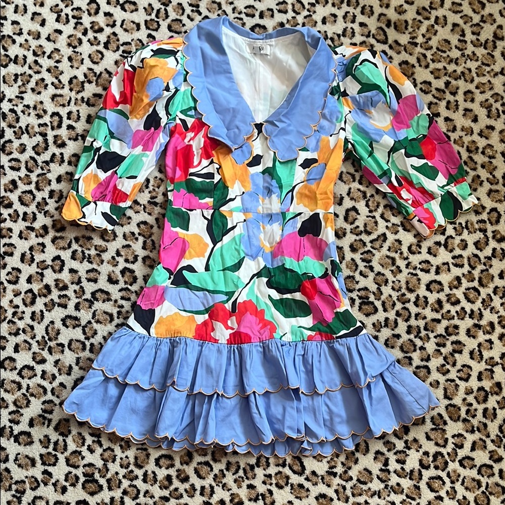 AVARA Floral Multicolor Dress with Blue Drop Waist